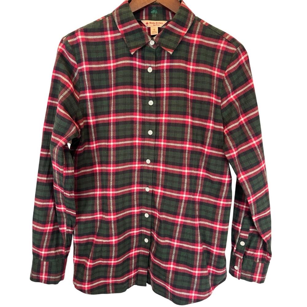Brooks Brothers Women’s 12 Red Plaid Button Down Shirt Cotton Red Fleece Preppy - Picture 2 of 8